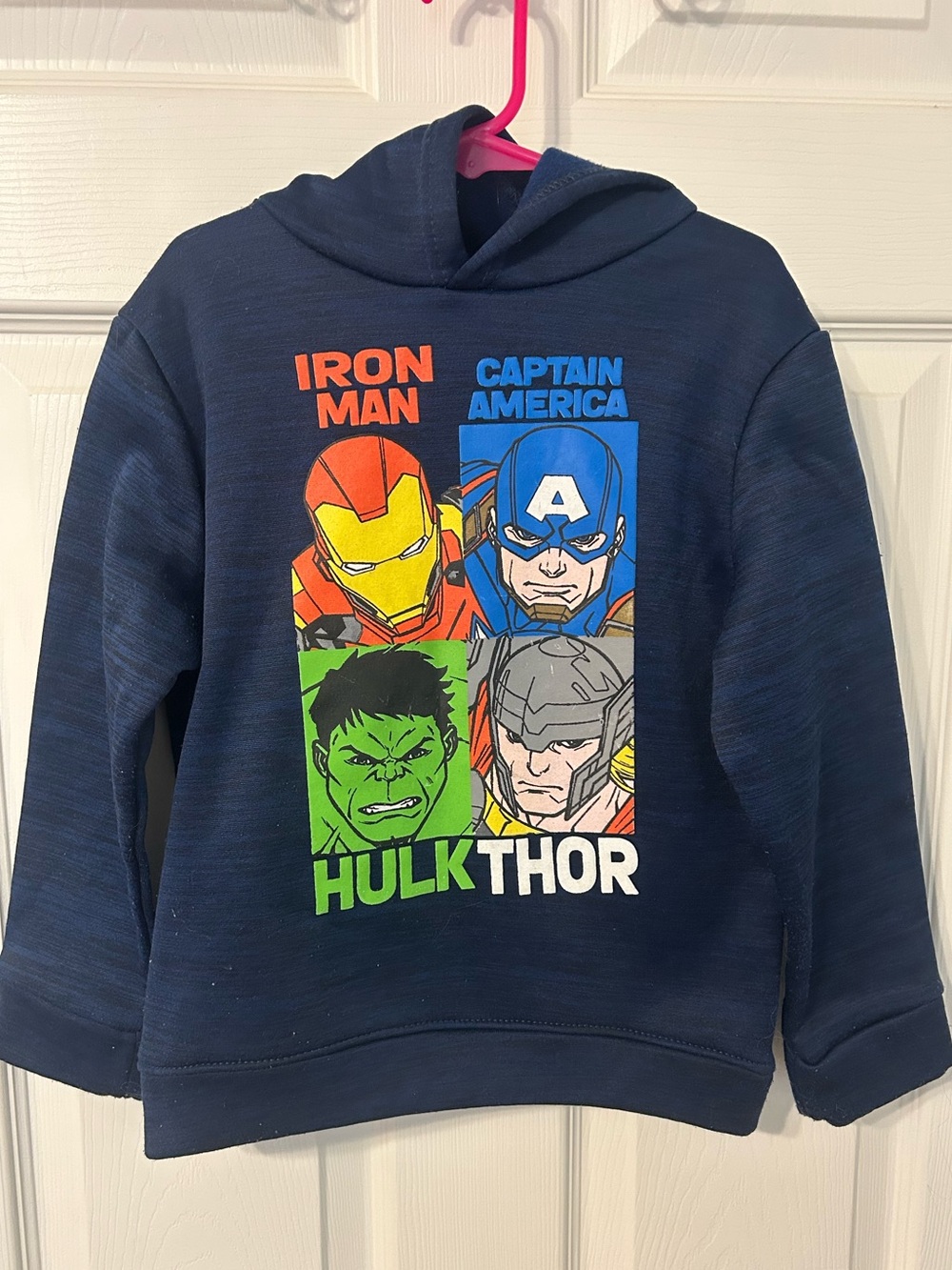 Boys, Marvel, Avengers Navy Hoodie with 4 Superhero Panels, Size 6